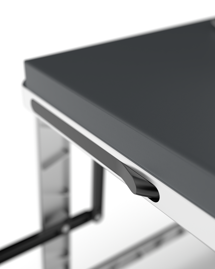 Press the black button to unleash
                                the folding handle